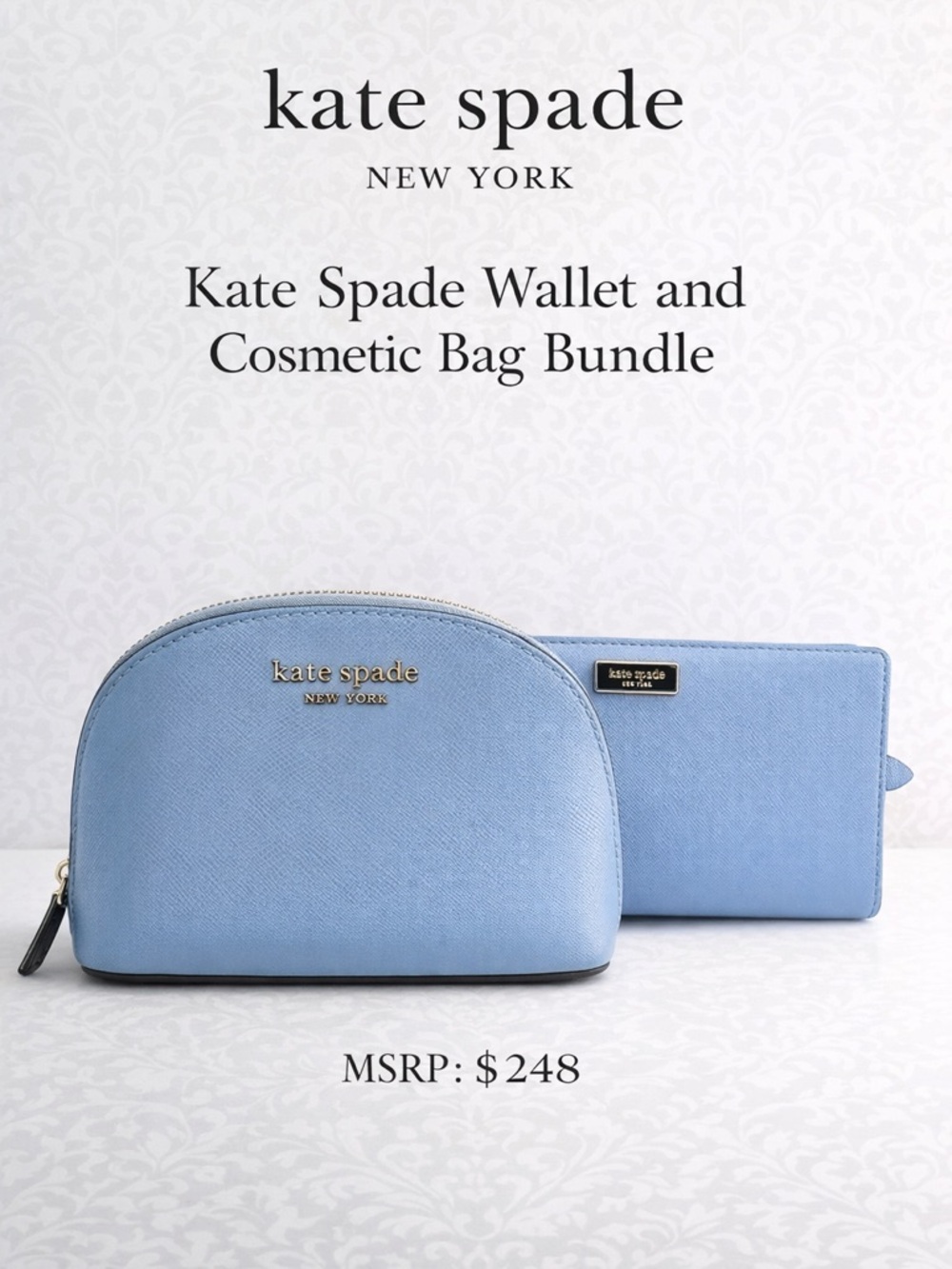 Kate Spade Blue Wallet & Cosmetic Bag Bundle Saffiano Leather